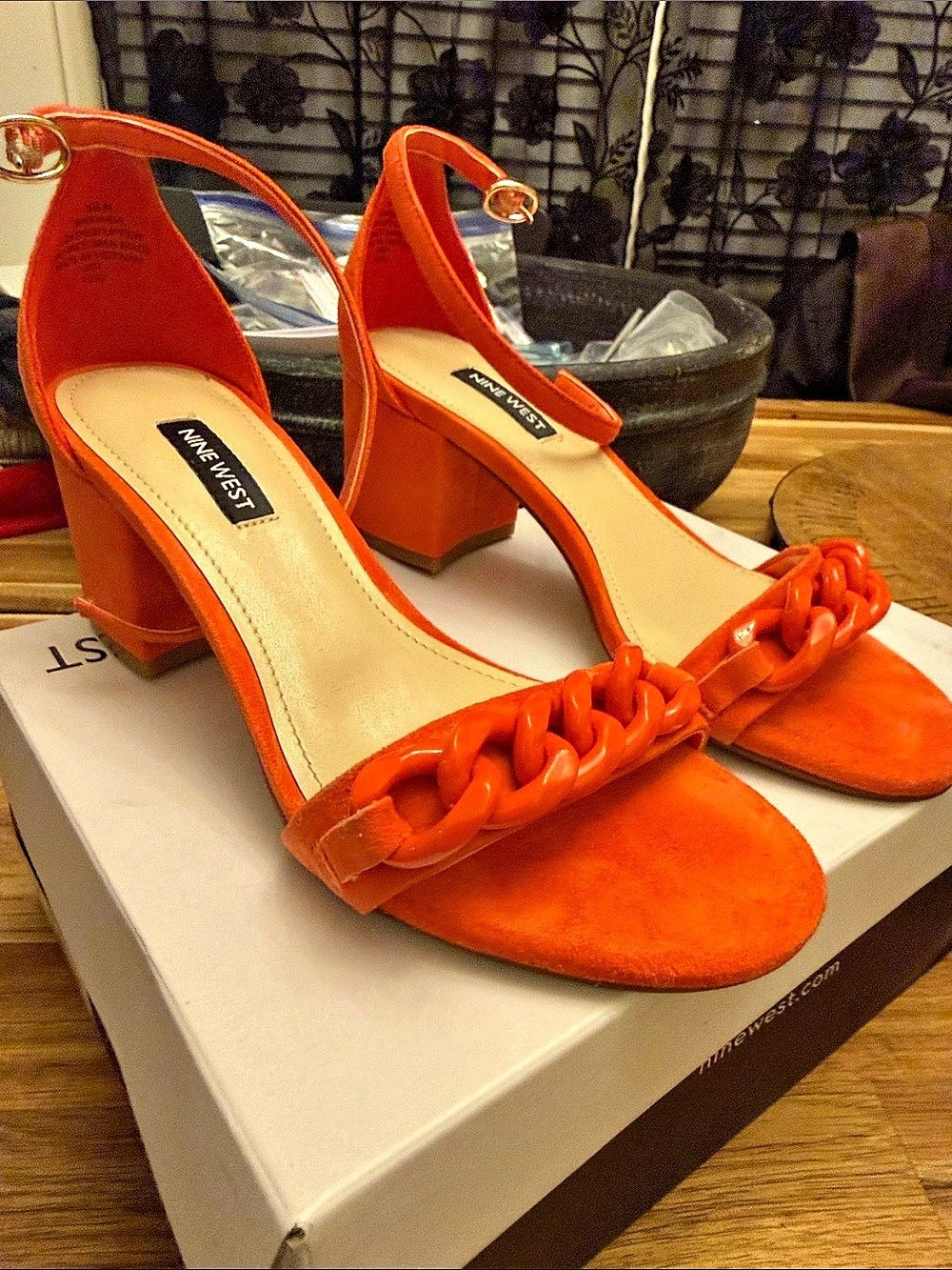 Nine West Kimba Block Heel Sandal Orange Suede US 5.5 M
